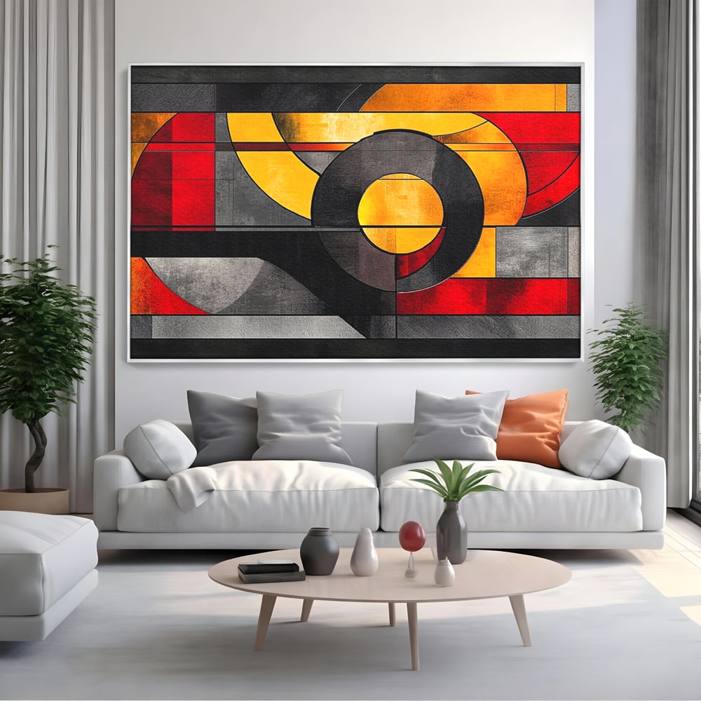 Tablou canvas cu tablou canvas cu forme geometrice abstracte, in rama de aluminiu argintiu, pe perete intr-un living